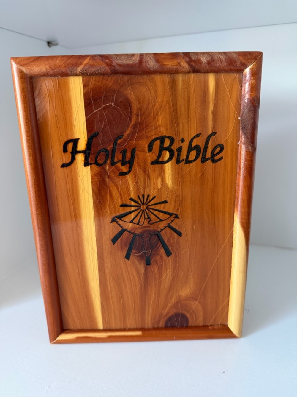 Vintage Holy Bible Wooden Storage Box with Dove of Peace